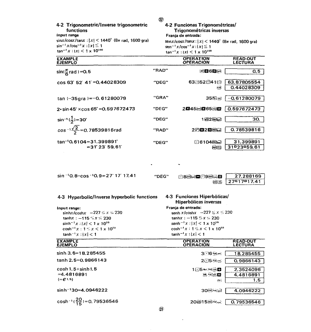 Casio fx-120 Trigonometricas inversas, Sen-xlcos-1xlxl, Franja de entrada Sinx/cosxltanx IXI -1440811 rad, 1600 gra 