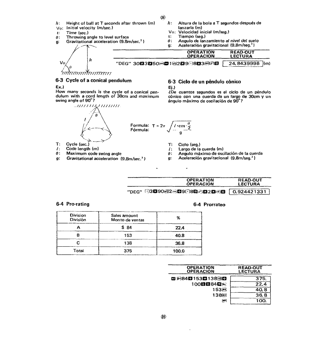 Casio fx-120 operation manual Cycle of a conical pendulum, Cicio de un pendulo ccinico, Pro-rating Prorrateo 