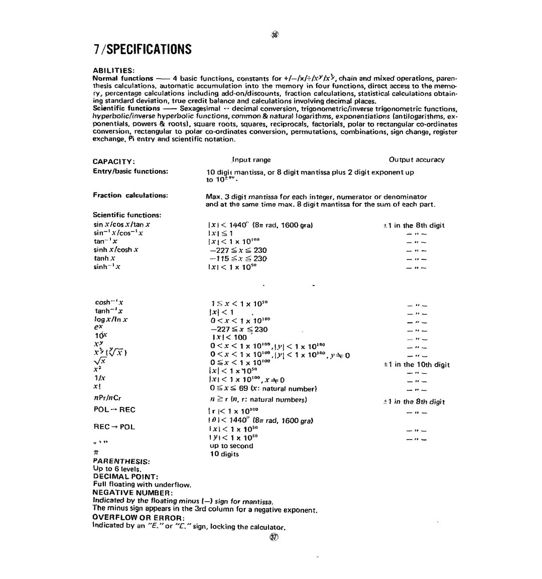 Casio fx-120 operation manual Spegifigations 