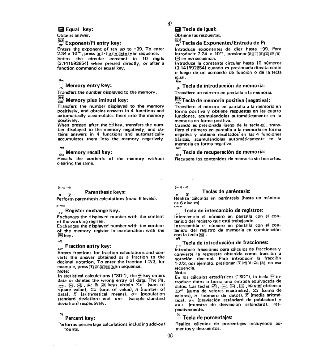 Casio fx-120 Equal key, Exponent/Pi entry key, Memory entry key, ~J Memory plus minus key, Memory recall key, Percent key 