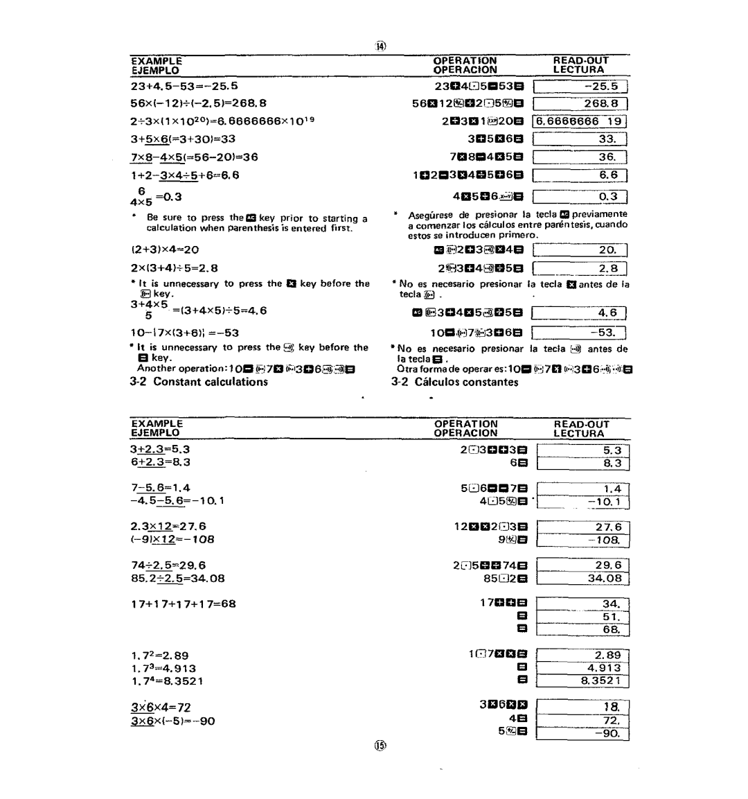 Casio fx-120 operation manual ·2 Constant calculations ·2 Calculos constantes, 53.J 