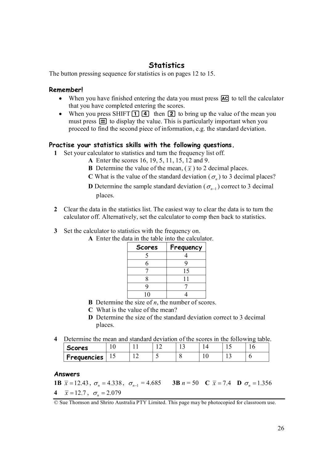 Casio FX-82AU PLUS manual Statistics, Button pressing sequence for statistics is on pages 12 to, Scores Frequency 