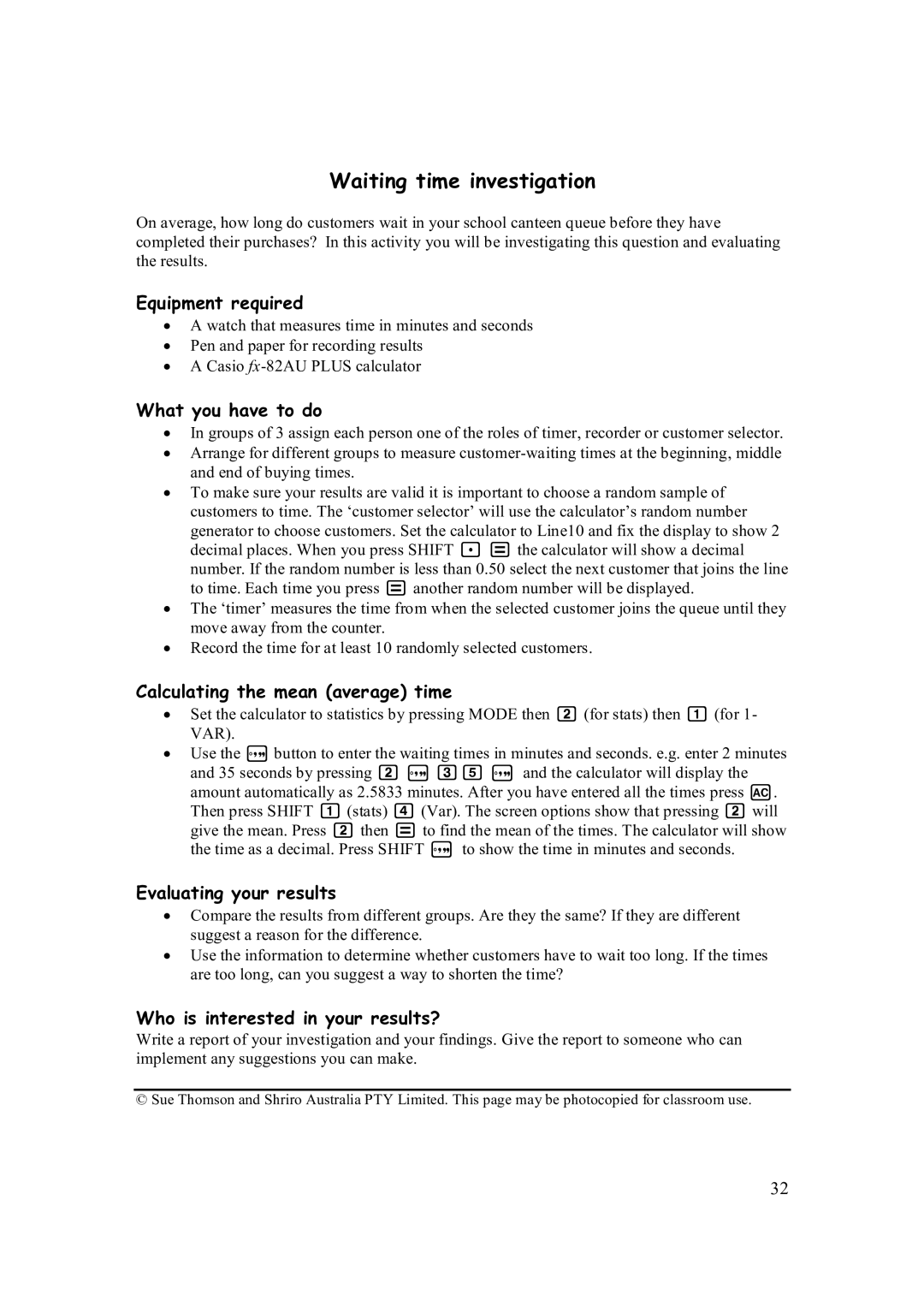 Casio FX-82AU PLUS manual Waiting time investigation 