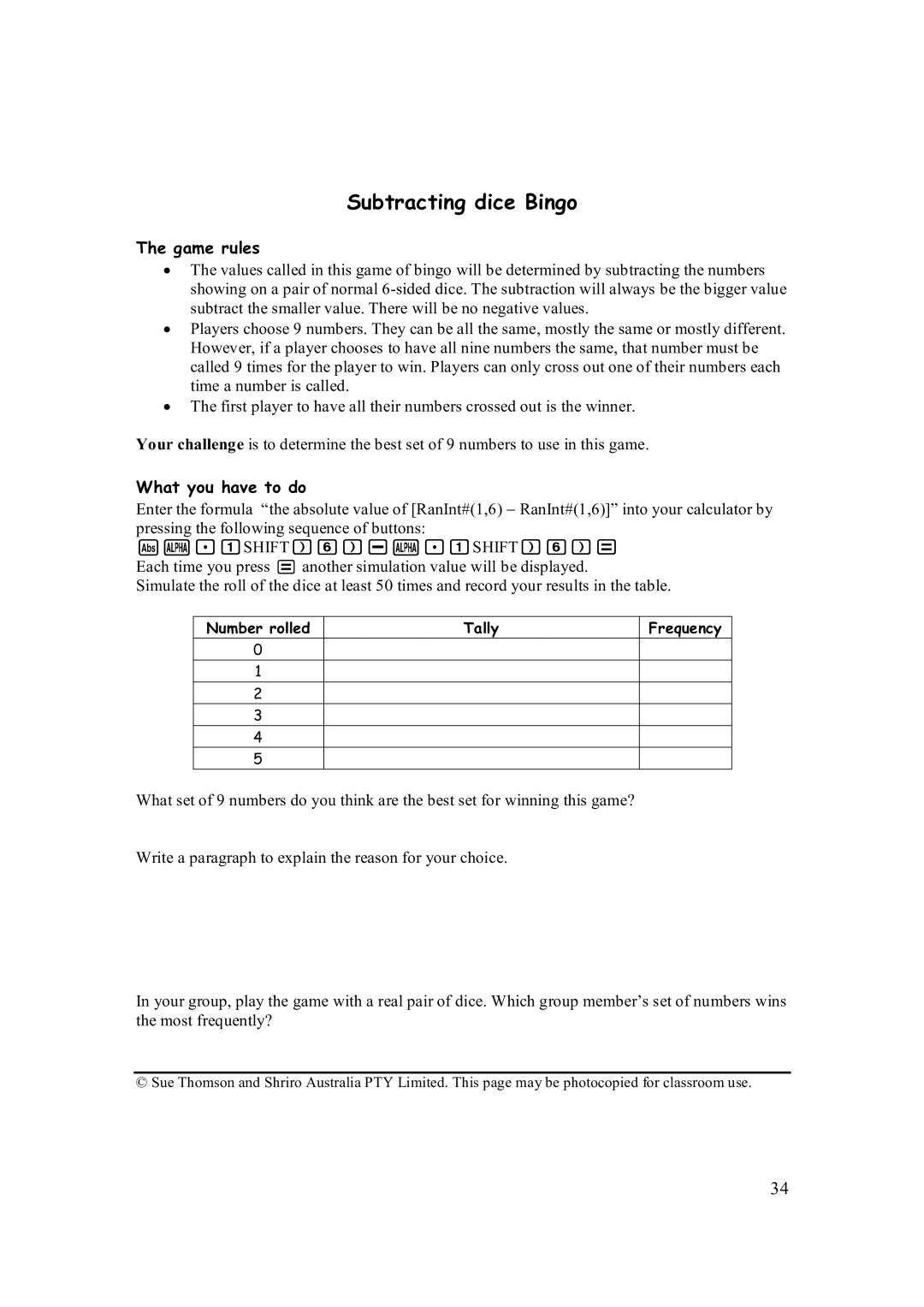 Casio FX-82AU PLUS manual Subtracting dice Bingo, Game rules, What you have to do 