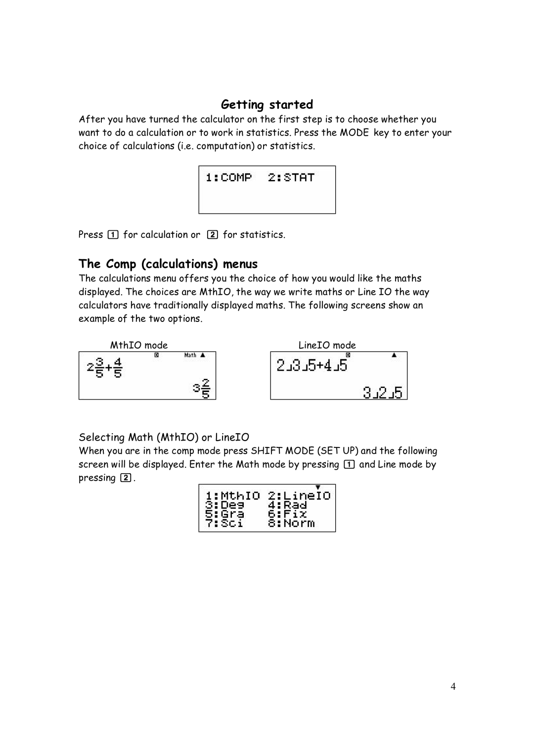 Casio FX-82AU PLUS manual Getting started, Comp calculations menus 