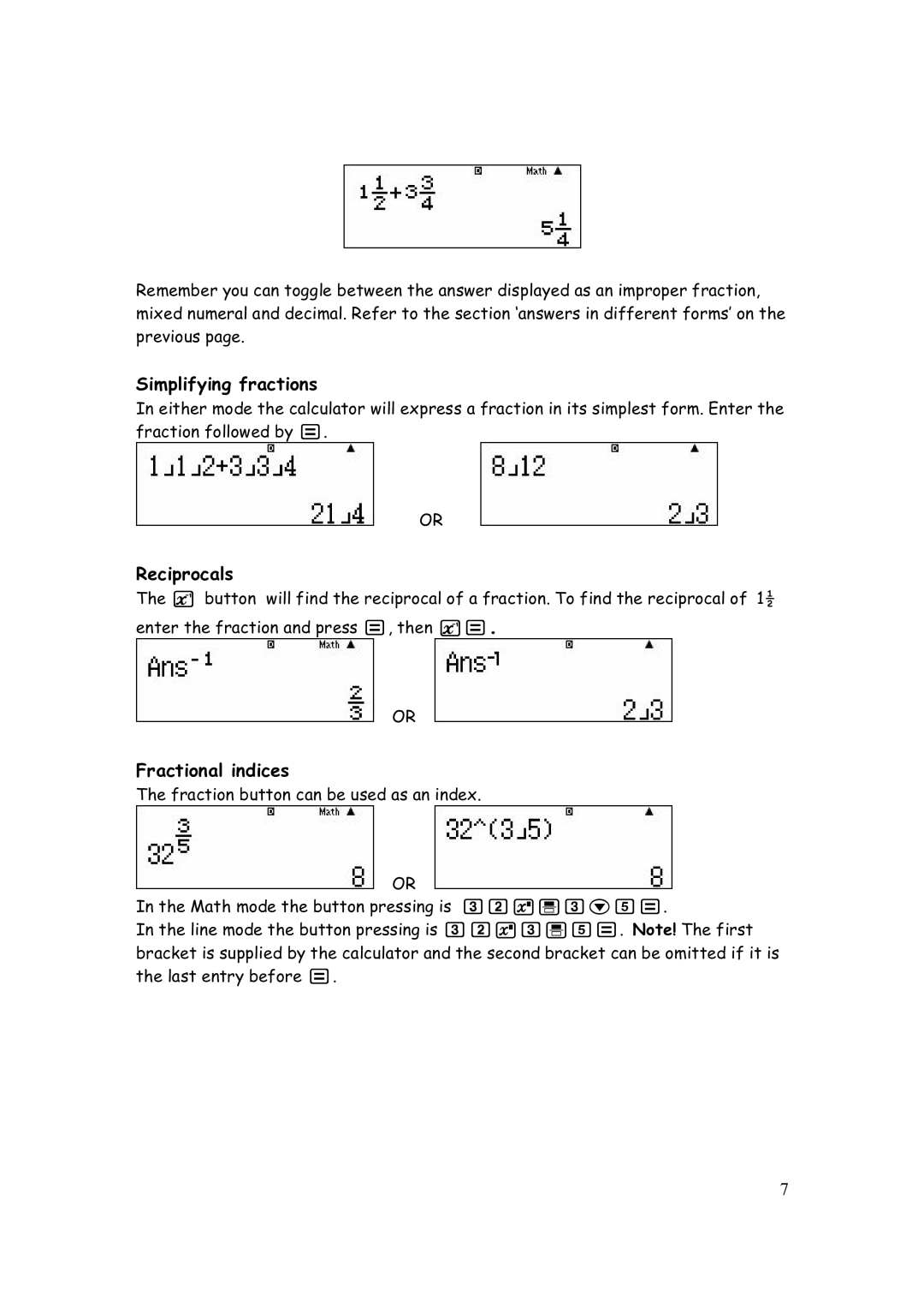 Casio FX-82AU PLUS manual Simplifying fractions, Reciprocals, Fractional indices 