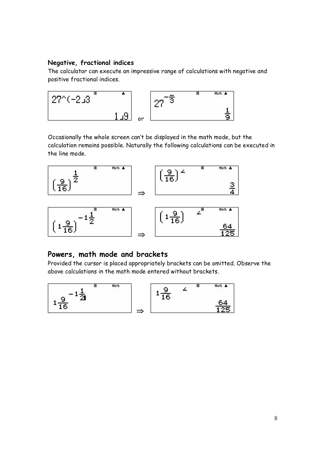 Casio FX-82AU PLUS manual Powers, math mode and brackets, Negative, fractional indices 