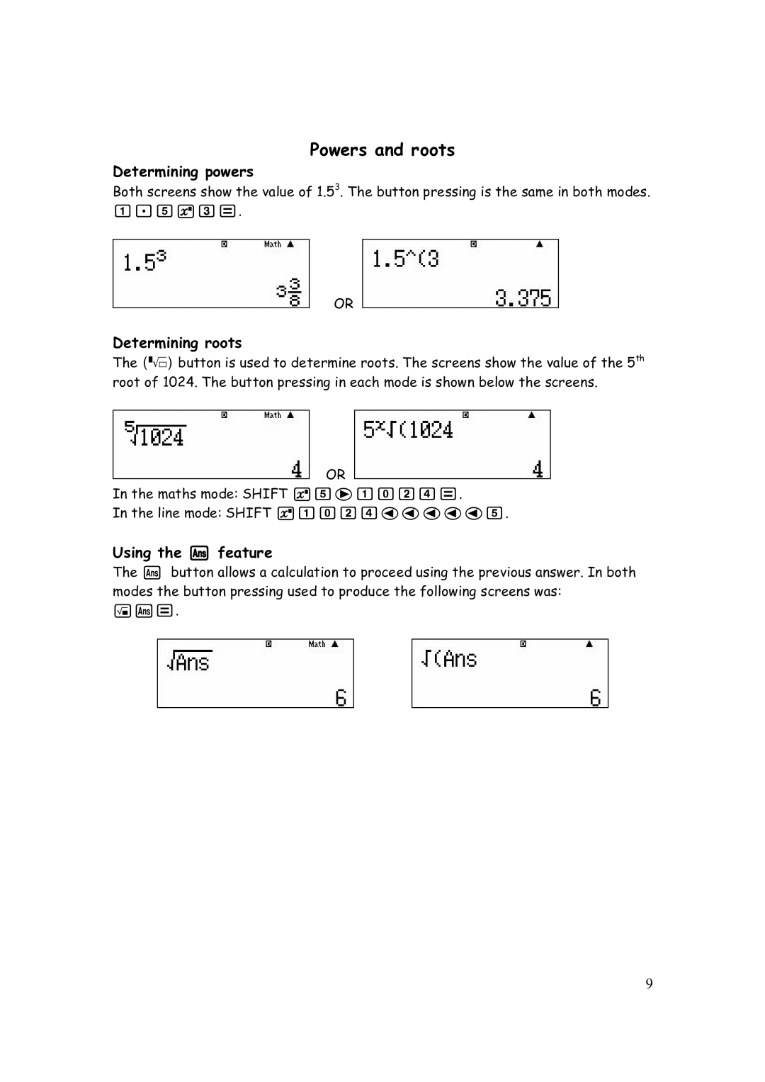 Casio FX-82AU PLUS manual Powers and roots, Determining powers, Determining roots, Using the M feature 