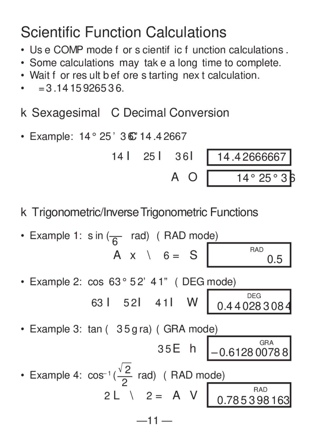 Casio FX-82SX manual Scientific Function Calculations, KSexagesimal ↔ Decimal Conversion, 14.42666667 142536, 440283084 