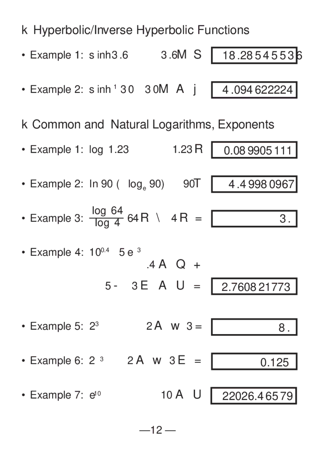 Casio FX-82SX manual KHyperbolic/Inverse Hyperbolic Functions, KCommon and Natural Logarithms, Exponents 