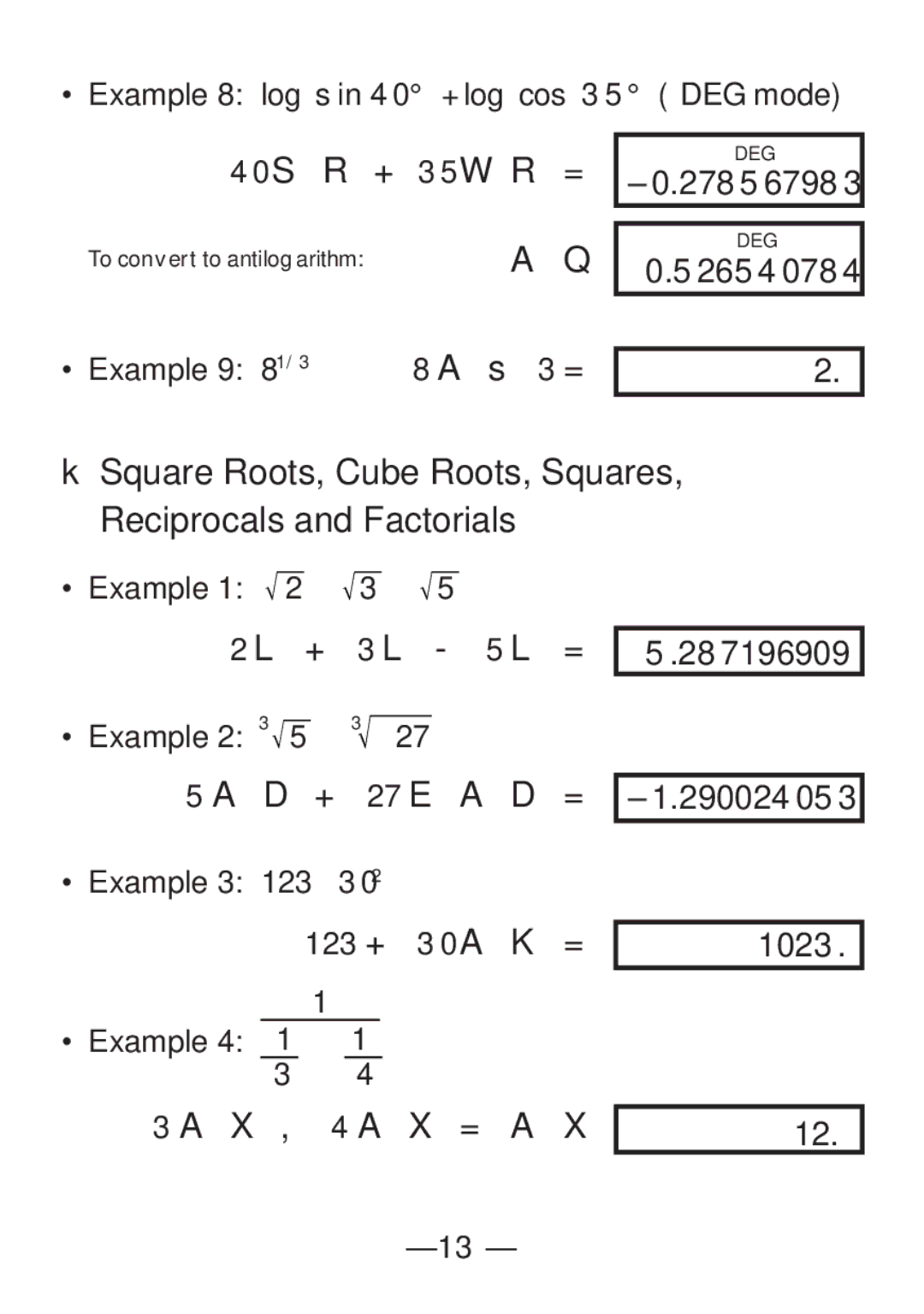 Casio FX-82SX manual KSquare Roots, Cube Roots, Squares, Reciprocals and Factorials, 526540784, 287196909, 290024053 1023 