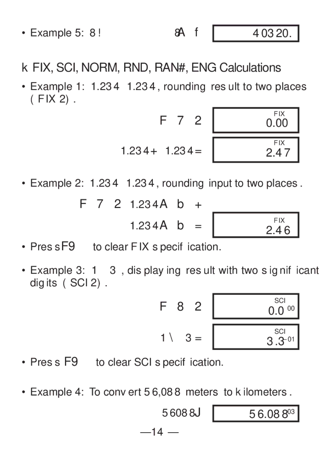 Casio FX-82SX manual KFIX, SCI, NORM, RND, RAN#, ENG Calculations, 40320, 56.088 