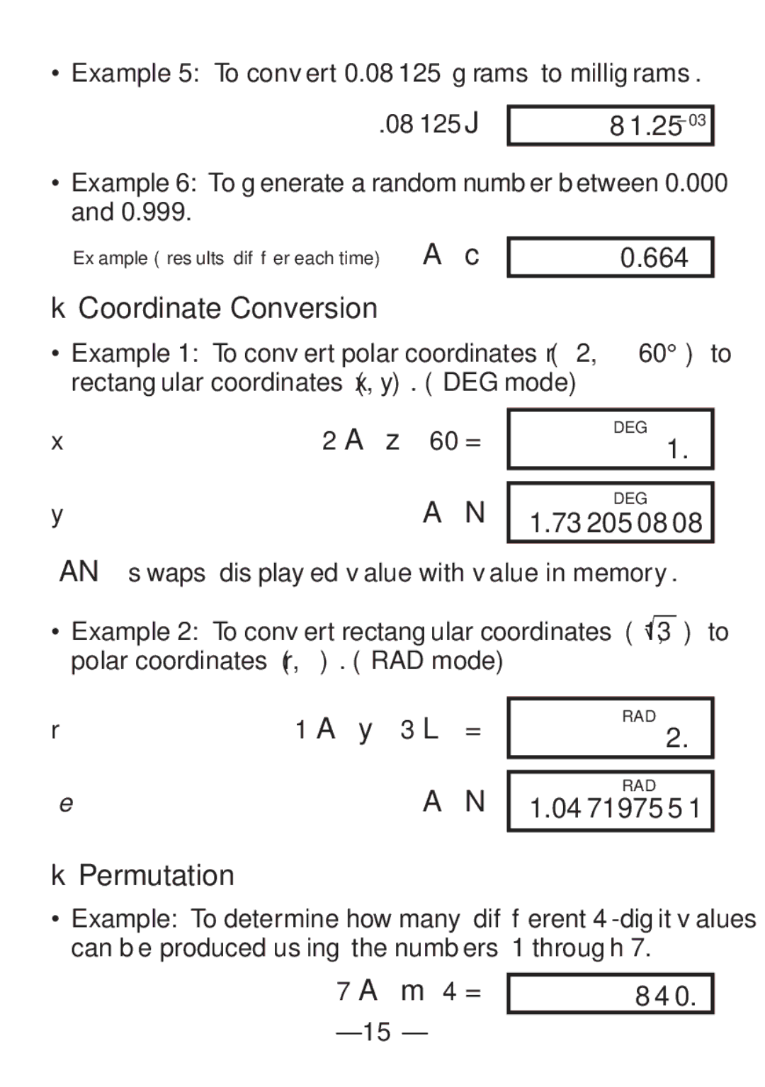 Casio FX-82SX manual KCoordinate Conversion, KPermutation 