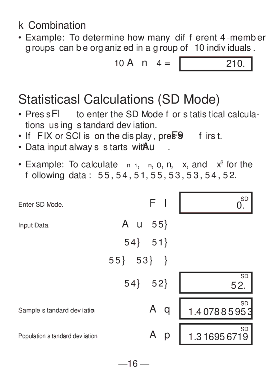 Casio FX-82SX manual Statisticasl Calculations SD Mode, KCombination, 210, 407885953 316956719 