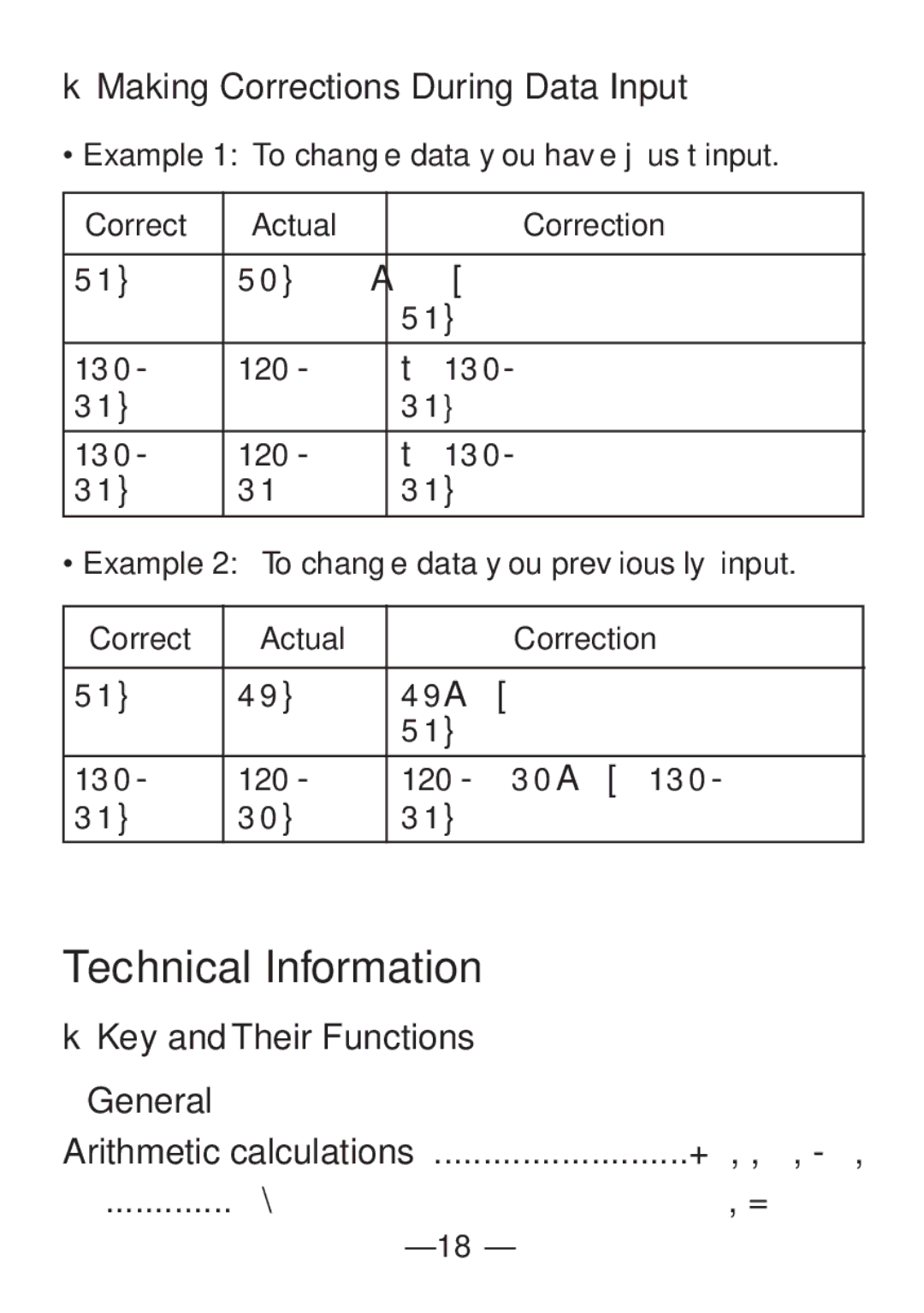 Casio FX-82SX manual Technical Information, KMaking Corrections During Data Input, KKey and Their Functions General 