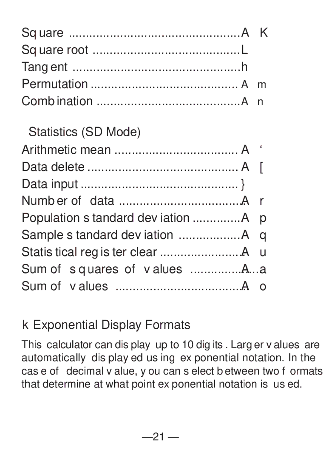 Casio FX-82SX manual Statistics SD Mode, KExponential Display Formats, Square root 