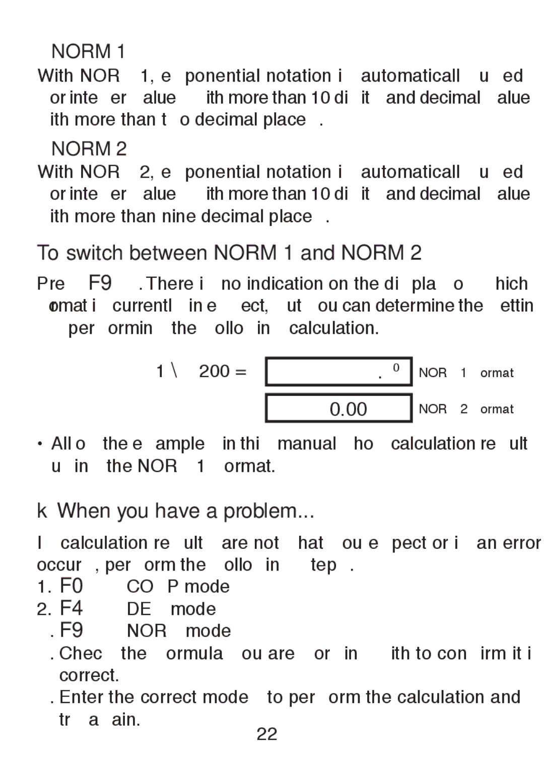 Casio FX-82SX manual To switch between Norm 1 and Norm, KWhen you have a problem, 005 