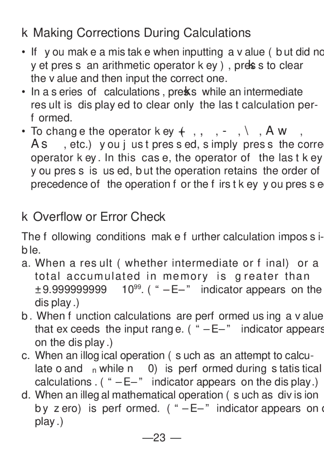 Casio FX-82SX manual KMaking Corrections During Calculations, KOverflow or Error Check 