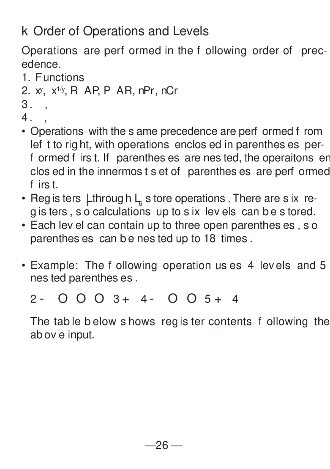 Casio FX-82SX manual KOrder of Operations and Levels 