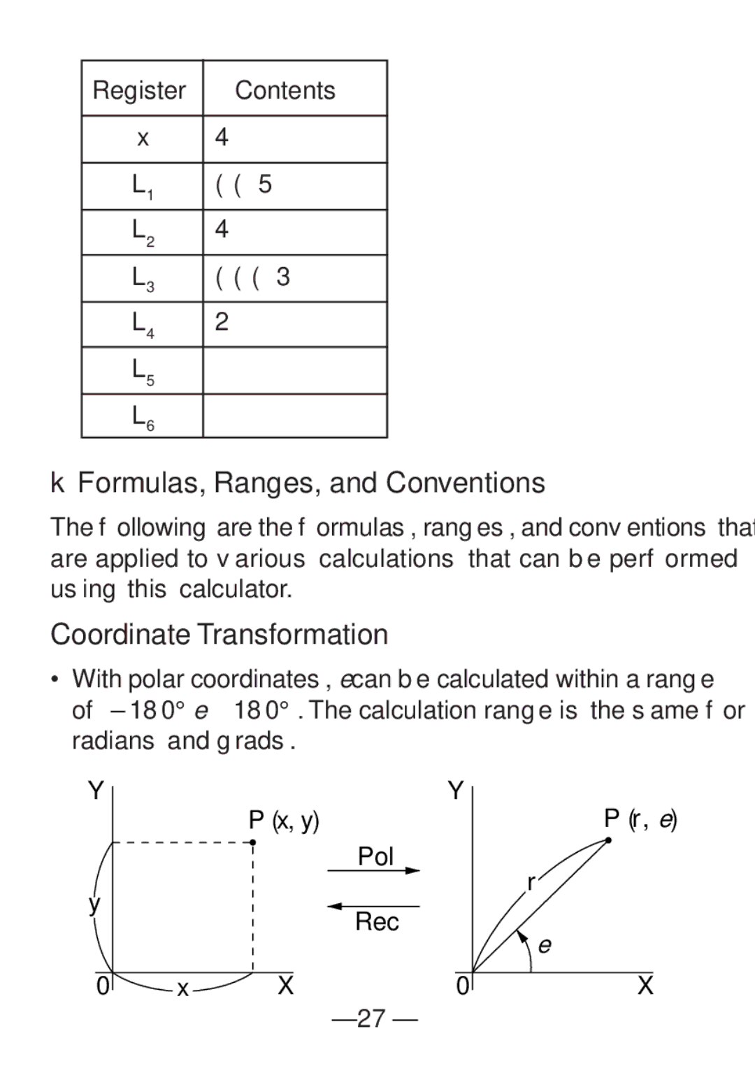 Casio FX-82SX manual KFormulas, Ranges, and Conventions, Coordinate Transformation 