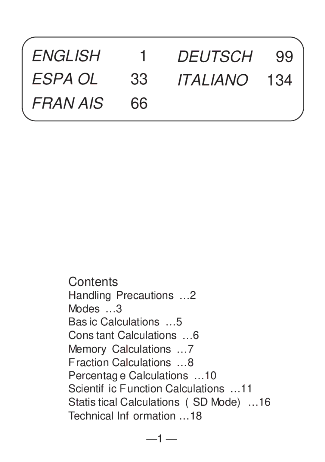 Casio FX-82SX manual English 1 Deutsch 99 Español 33 Italiano Français, Contents 