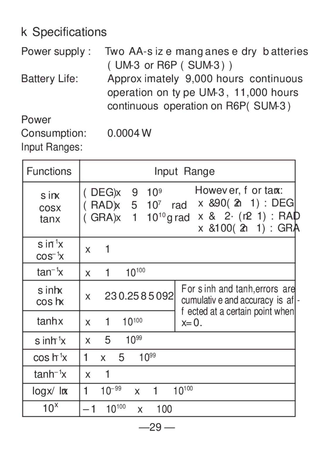 Casio FX-82SX manual KSpecifications, Battery Life 