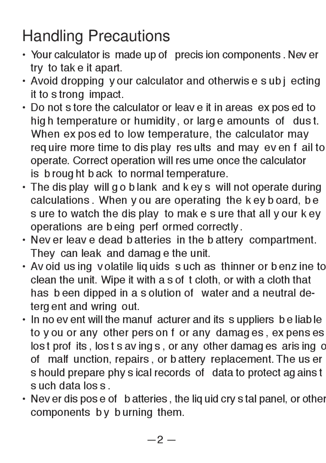 Casio FX-82SX manual Handling Precautions 