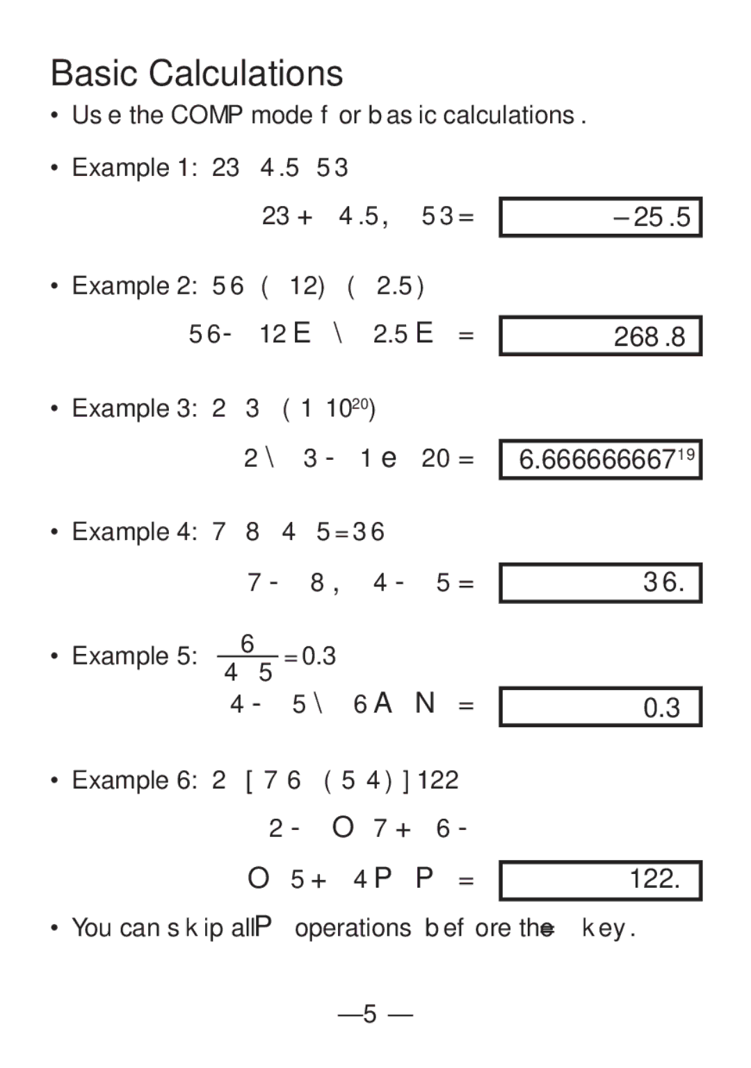 Casio FX-82SX manual Basic Calculations, 25.5, 268.8, 66666666719, 122 