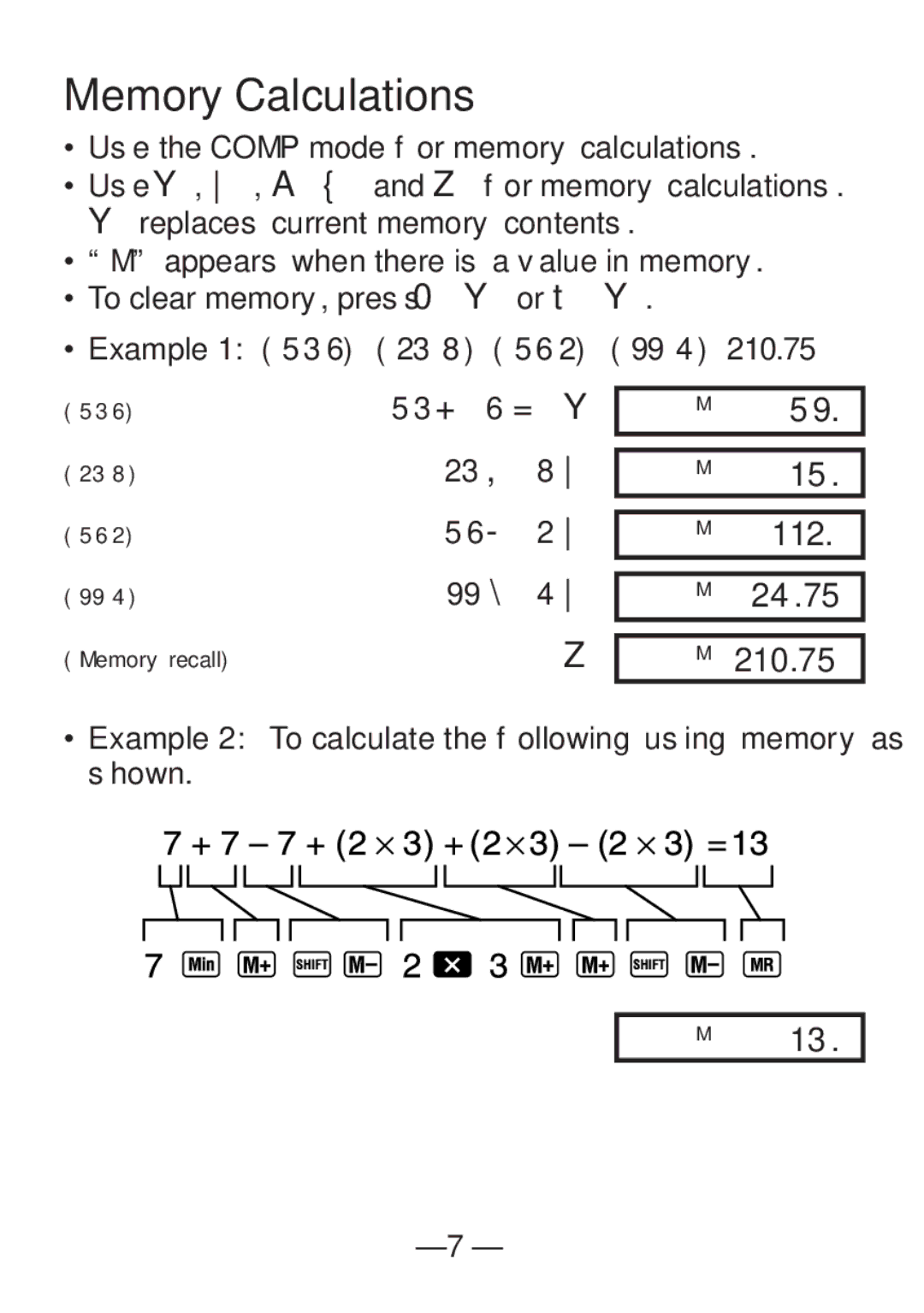 Casio FX-82SX manual Memory Calculations, 112 24.75 210.75 