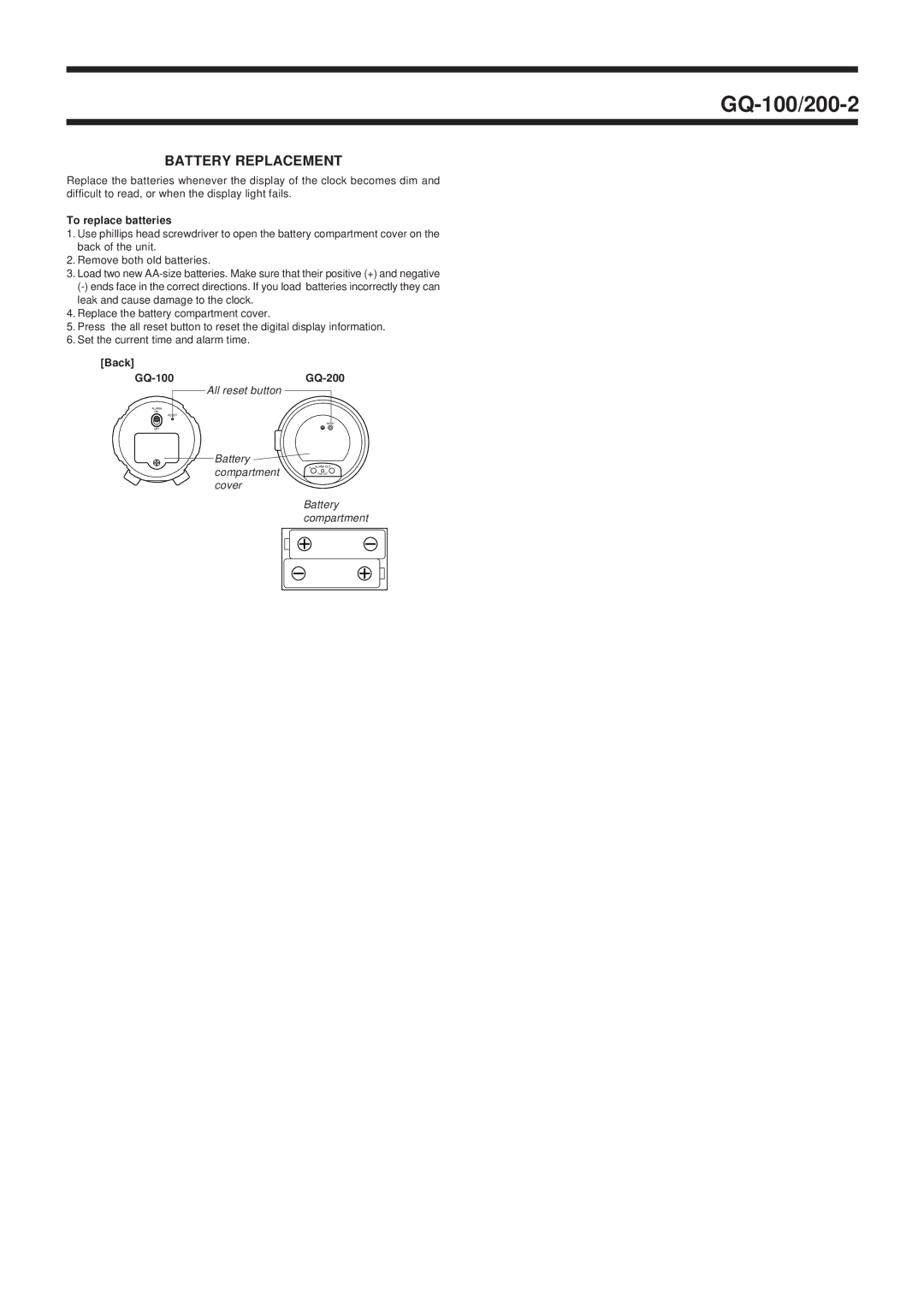 Casio GQ-200-1 manual Battery Replacement, To replace batteries, Back GQ-100 GQ-200 