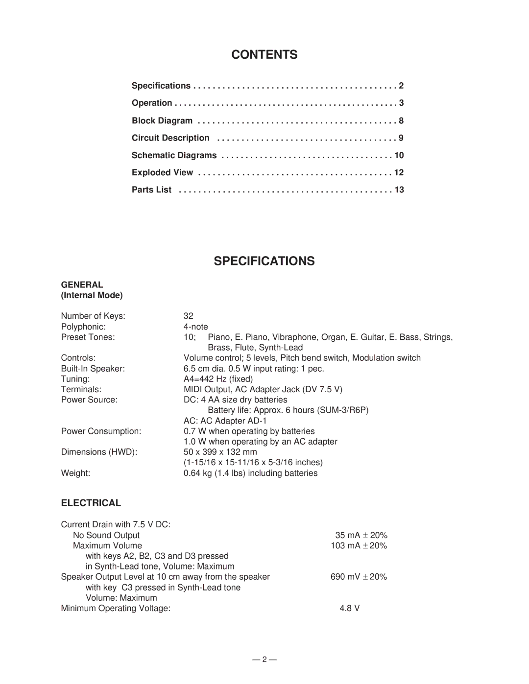 Casio GZ-5 manual Contents, Specifications 