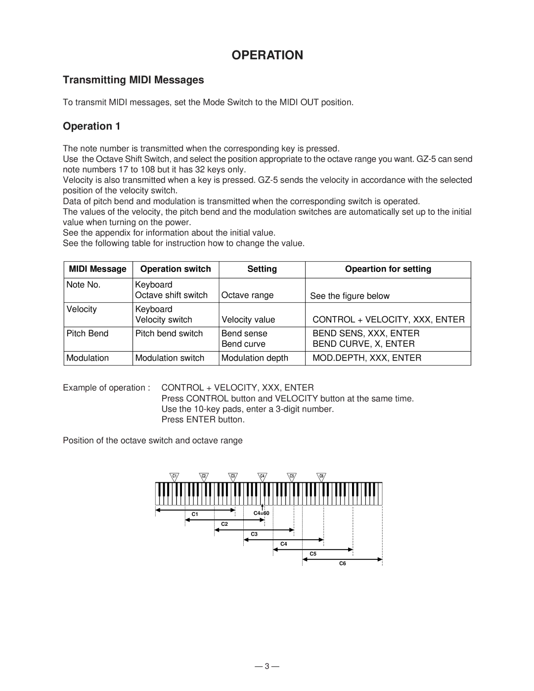 Casio GZ-5 manual Transmitting Midi Messages, Midi Message Operation switch Setting Opeartion for setting 