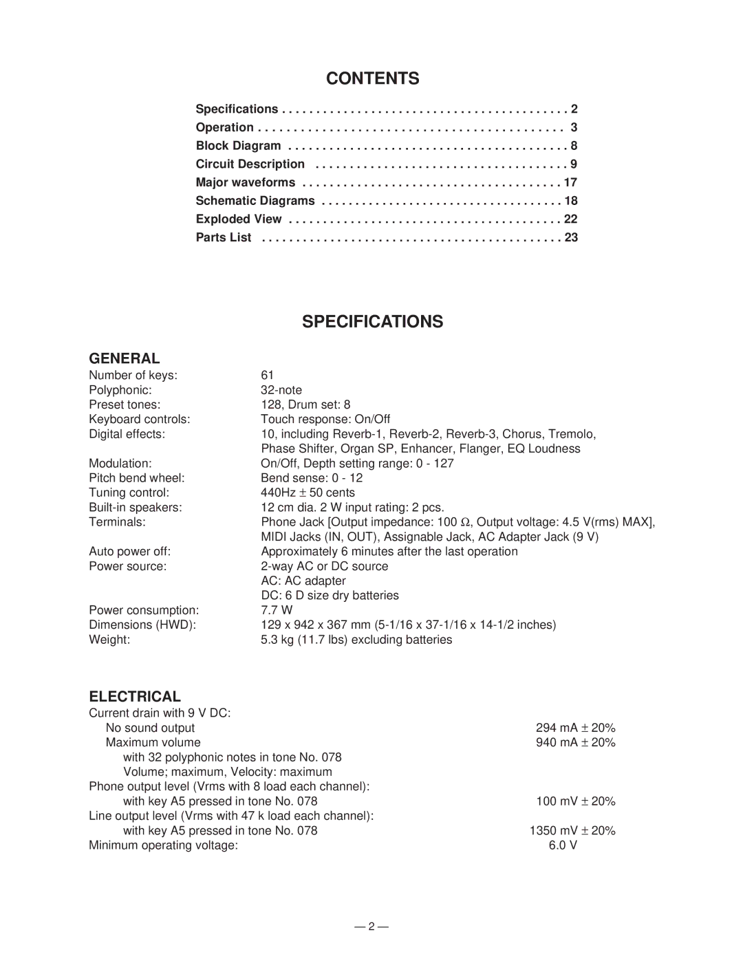 Casio GZ-500 manual Contents, Specifications 