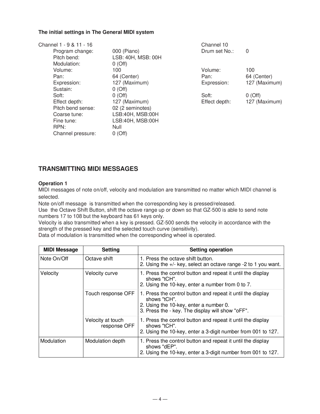 Casio GZ-500 manual Transmitting Midi Messages, Initial settings in The General Midi system 