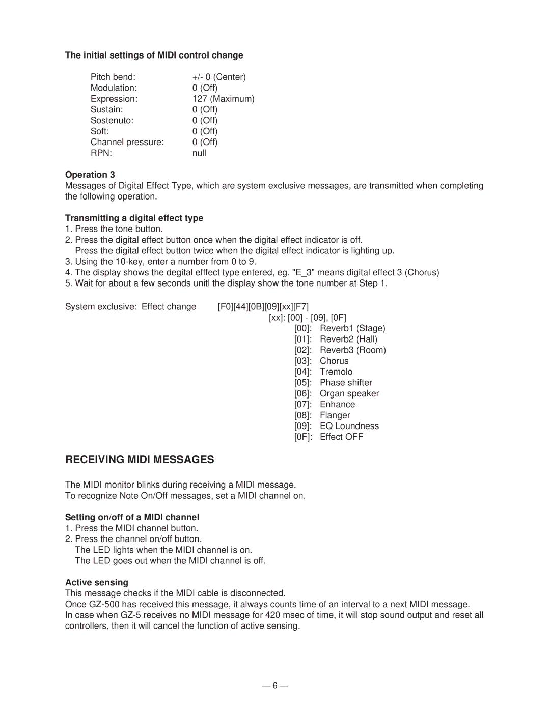 Casio GZ-500 manual Receiving Midi Messages, Initial settings of Midi control change, Transmitting a digital effect type 