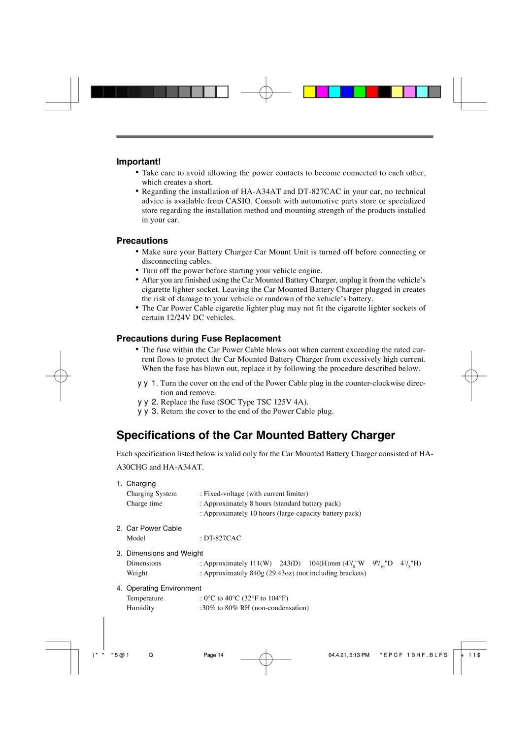 Casio HA-A34AT manual Specifications of the Car Mounted Battery Charger 