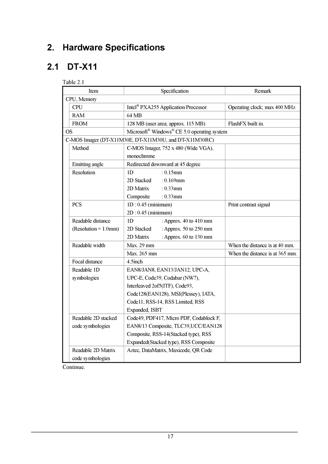 Casio DT-X11 Series, handheld terminals manual Hardware Specifications DT-X11, From 