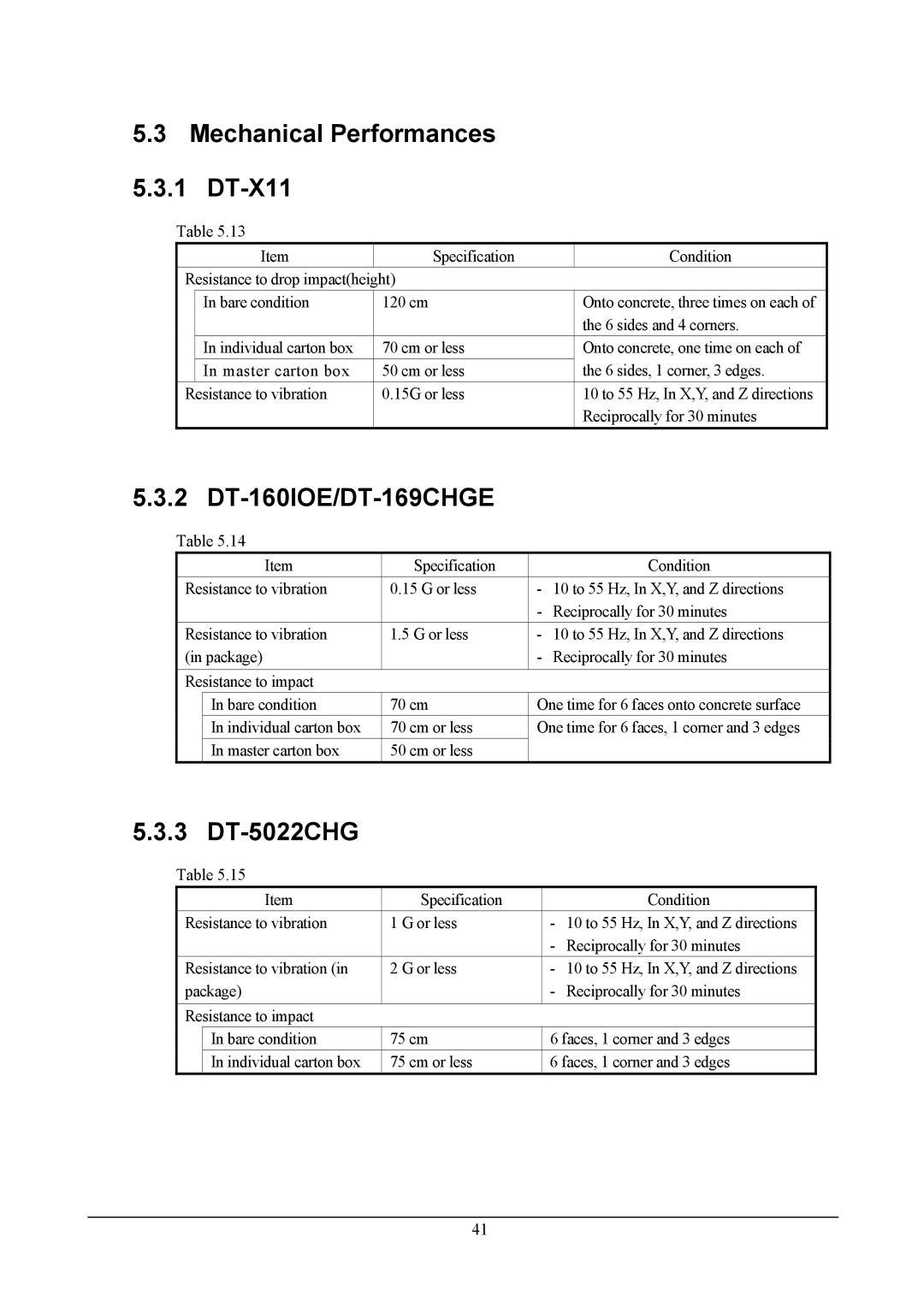 Casio DT-X11 Series, handheld terminals manual Mechanical Performances DT-X11, DT-5022CHG 