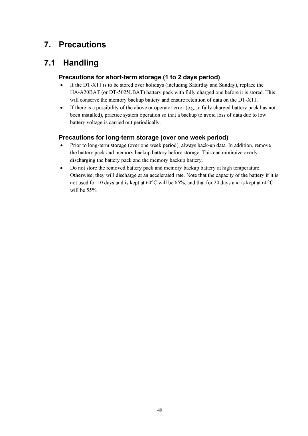 Casio handheld terminals, DT-X11 Series manual Precautions Handling, Precautions for short-term storage 1 to 2 days period 