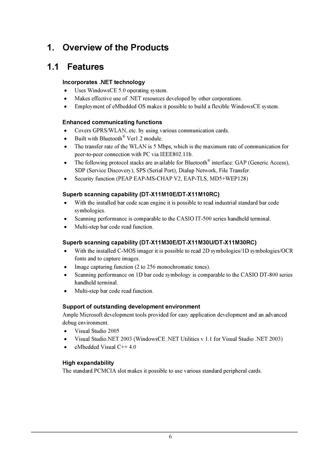 Casio handheld terminals, DT-X11 Series manual Overview of the Products Features, Incorporates .NET technology 