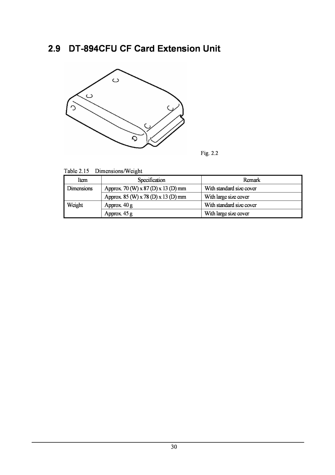 Casio handheld terminals, DT-X11 Series manual 2.9 DT-894CFU CF Card Extension Unit, Dimensions 