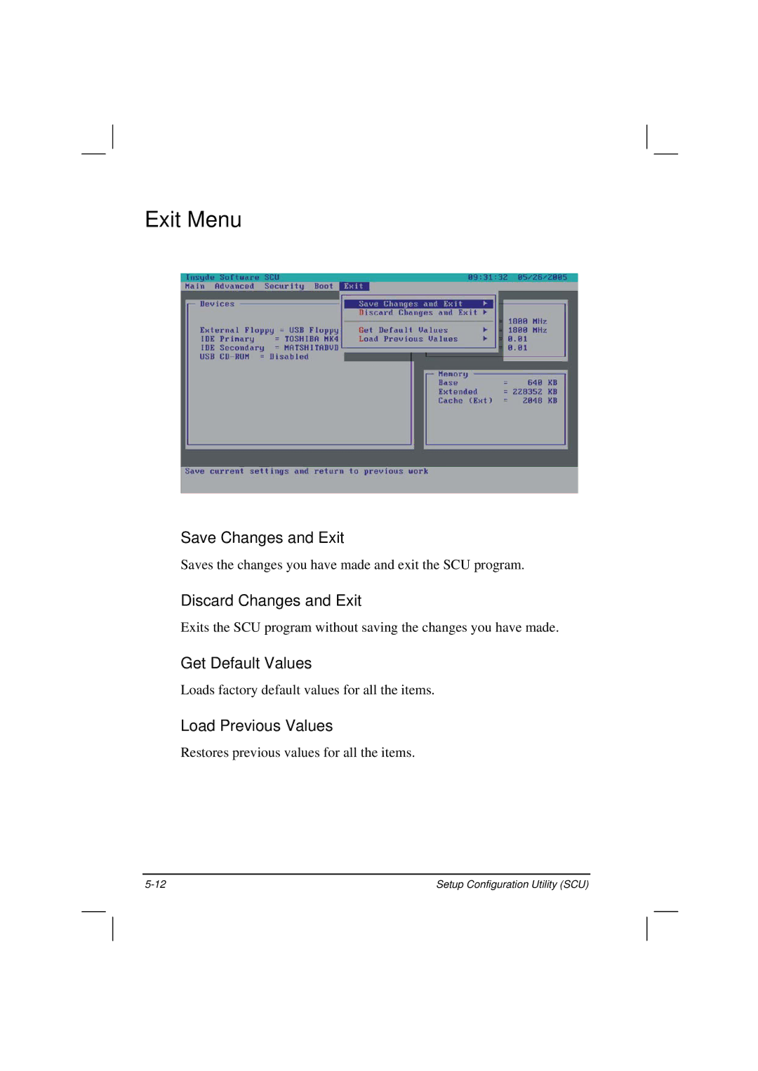 Casio HK1223 Exit Menu, Save Changes and Exit, Discard Changes and Exit, Get Default Values, Load Previous Values 