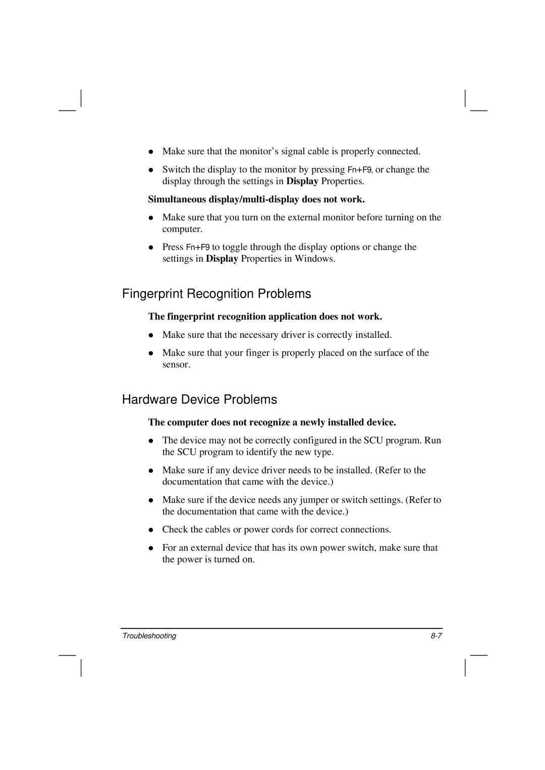 Casio HK1223 owner manual Fingerprint Recognition Problems, Hardware Device Problems 