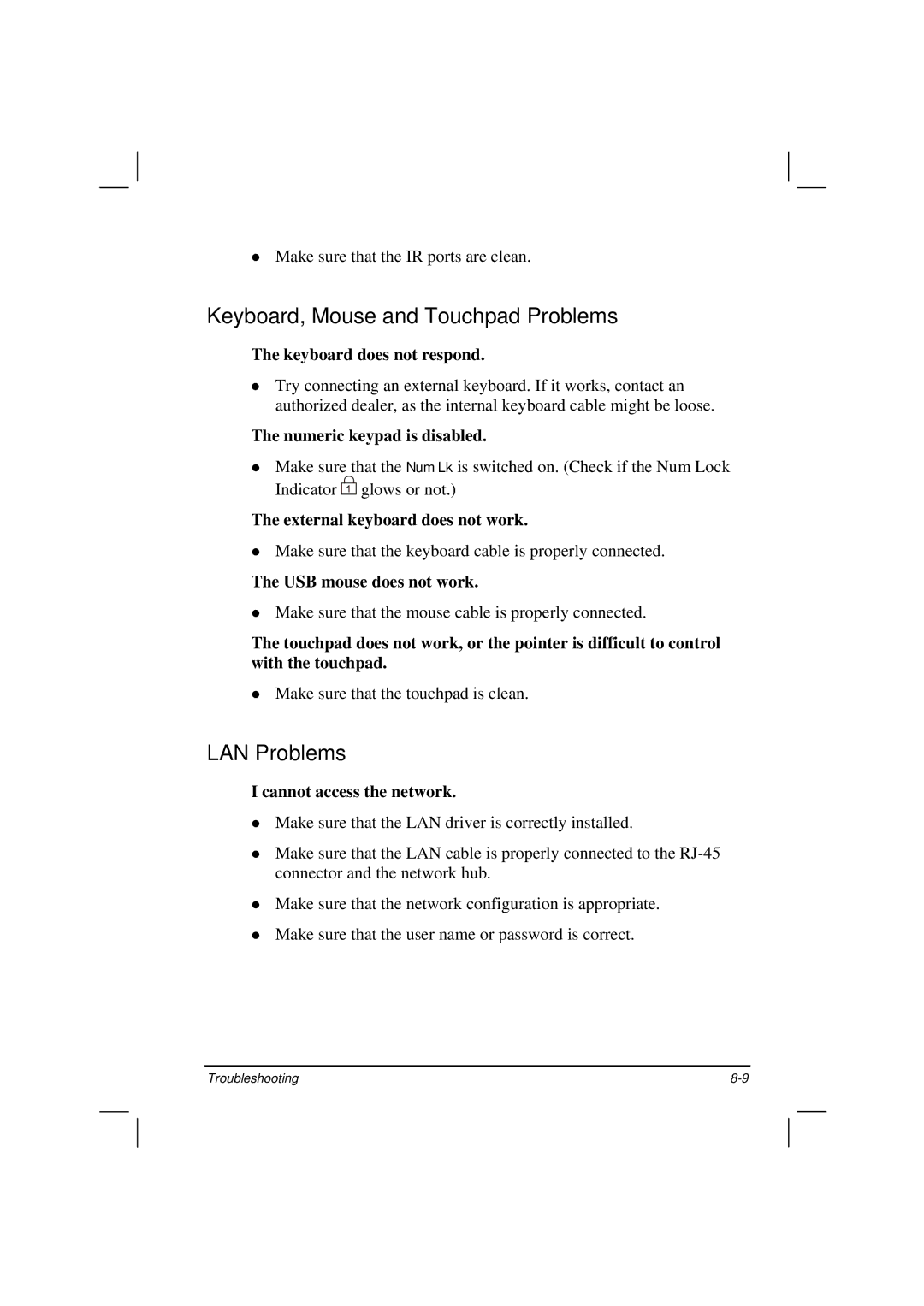 Casio HK1223 owner manual Keyboard, Mouse and Touchpad Problems, LAN Problems 