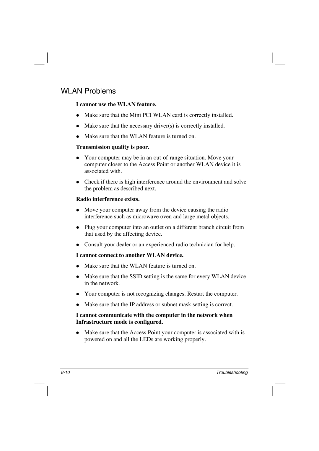 Casio HK1223 owner manual Wlan Problems, Cannot use the Wlan feature 