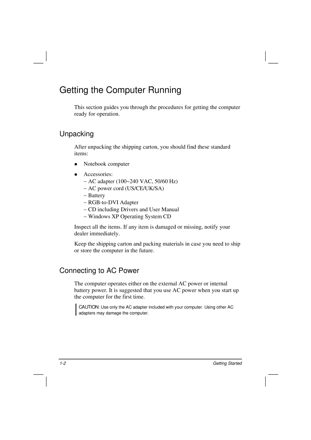 Casio HK1223 owner manual Getting the Computer Running, Unpacking, Connecting to AC Power 