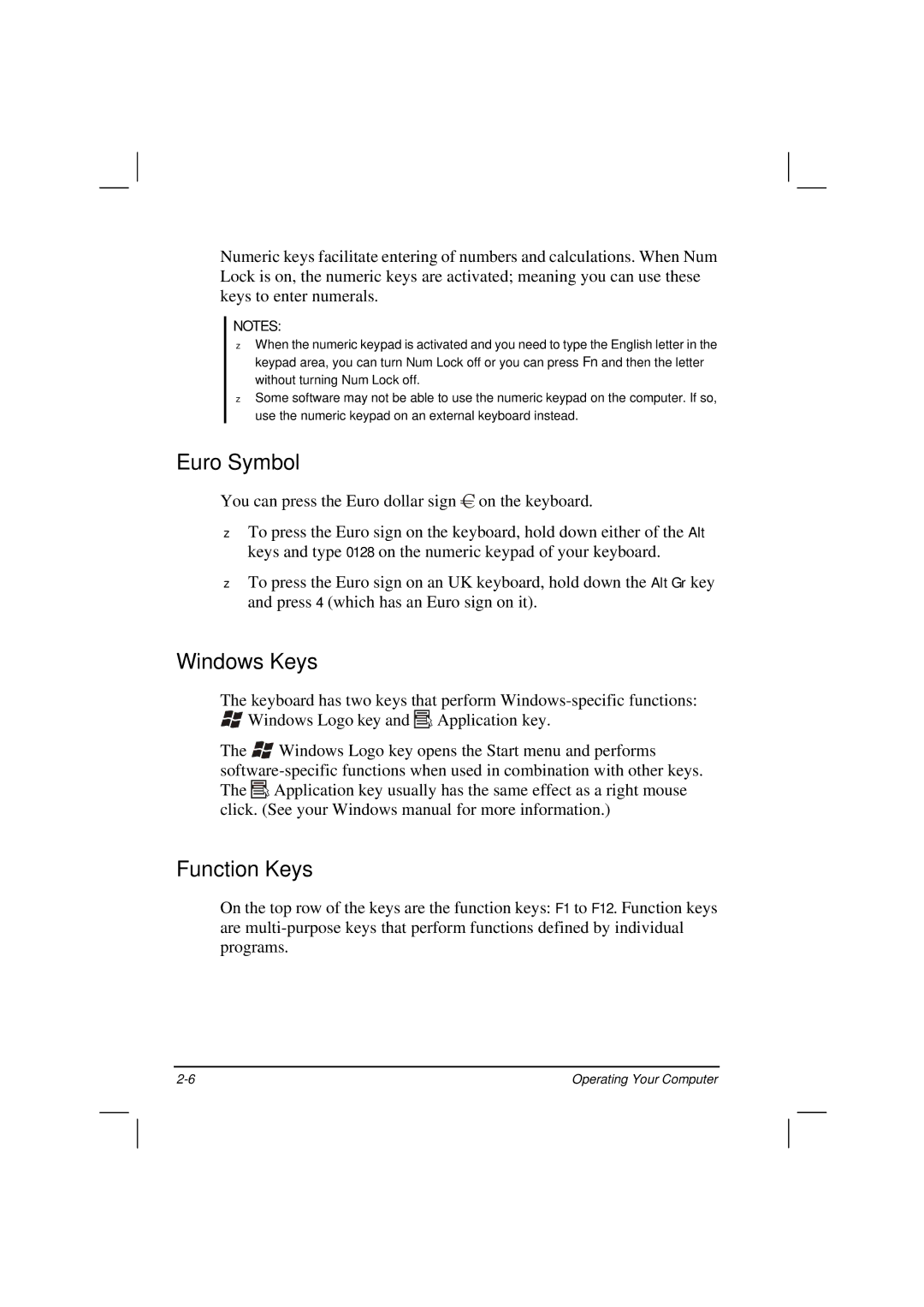 Casio HK1223 owner manual Euro Symbol, Windows Keys, Function Keys 