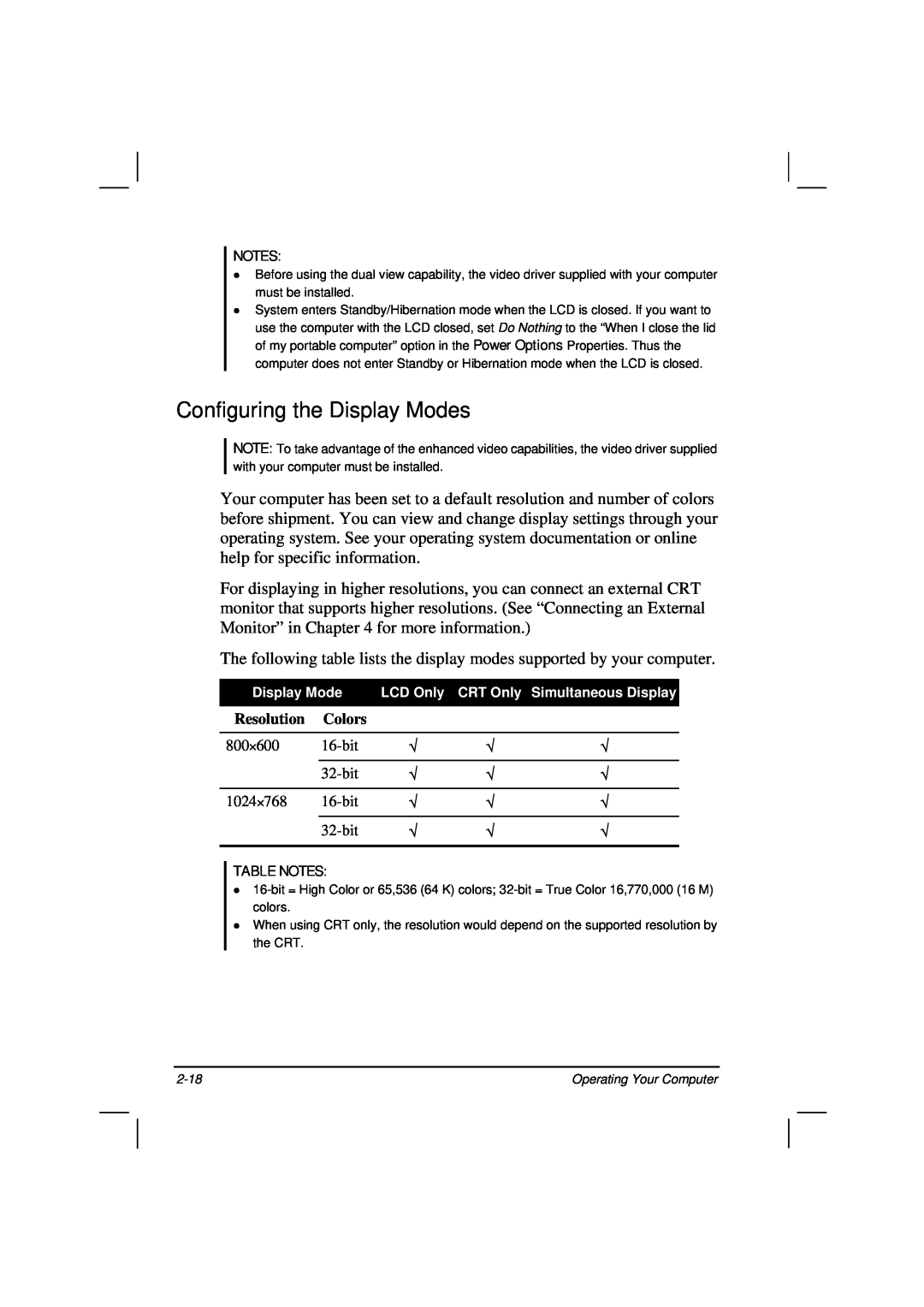 Casio HK1223 owner manual Configuring the Display Modes, Table Notes 