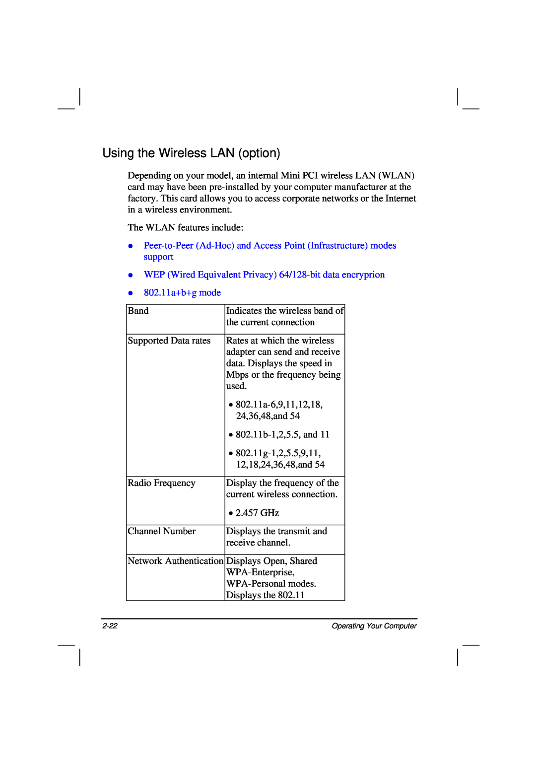 Casio HK1223 owner manual Using the Wireless LAN option, Peer-to-Peer Ad-Hoc and Access Point Infrastructure modes support 