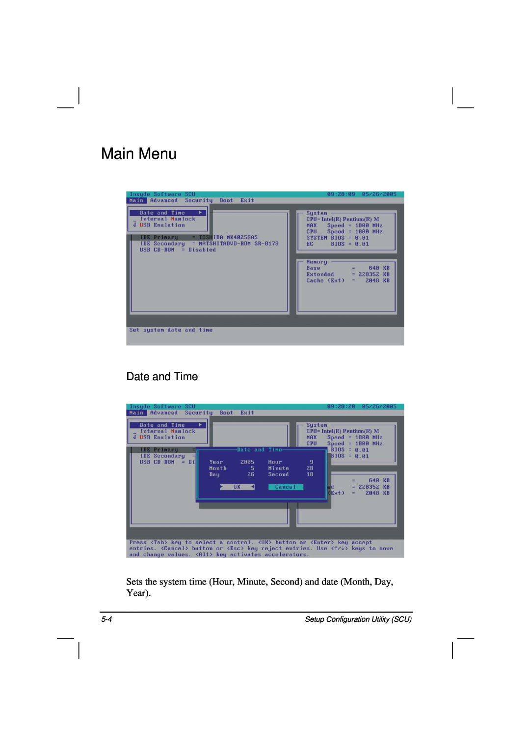 Casio HK1223 owner manual Main Menu, Date and Time, Setup Configuration Utility SCU 